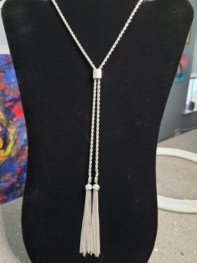 Silver Rope Lariat Necklace with Tassel Drop